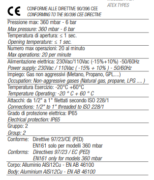 TECNOCONTROL AV015NO Automatic gas solenoid valve 1/2" - Pmax 360 mbar-230Vca - Normally open
