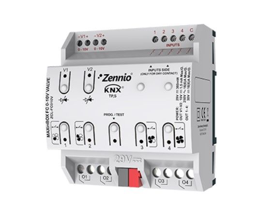 ZENNIO ZCL-FC010V MaxInbox FC 0-10V VALVE - 2 or 4-tube fan coil regulator with 0-10 DC valves and up to 4 fan speeds.