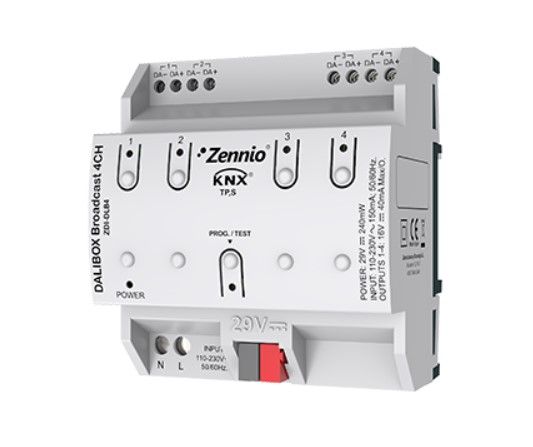 ZENNIO ZDI-DLB4 DALIBOX Broadcast 4CH - Interfaccia Broadcast KNX-DALI per un massimo di 4 canali con fino a 20 reattori ciascuno