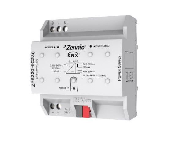 ZENNIO ZPS-320HIC230 ZPS-320HIC230 - Alimentatore KNX 320 mA più alimentazione ausiliaria 29 VCC. Vin: 230 VAC