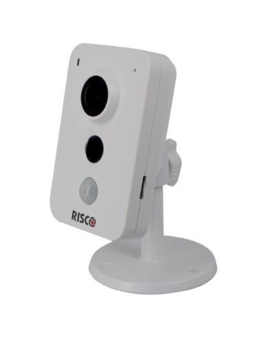 RISCO RVCM11P0900A Indoor Cube IP camera: 2.8mm F2.2 1-3 Megapixel Optical Color HD Day Night P2P Microphone and Speaker IR illuminator 10m PoE range Micro SD card support for local 30-sec clip recording. Without power supply