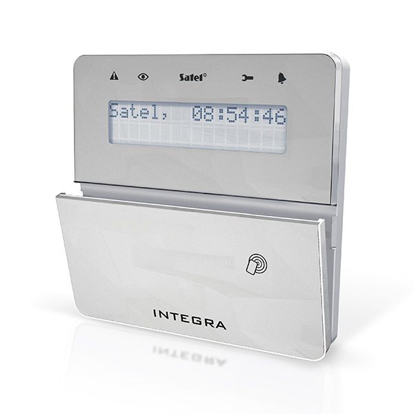 SATEL INT-KLFR-SSW LCD keypad with proximity reader and door (white backlight, silver front, silver frame, white background)