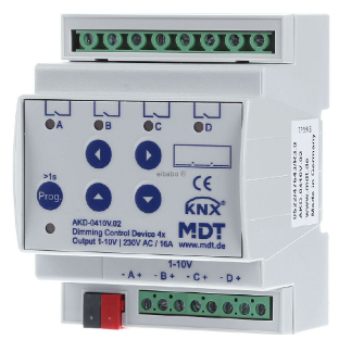 MDT AKD-0410V.02 Attuatore di commutazione/regolazione KNX per reattori elettronici, 4 canali, 1-10V