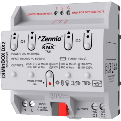 ZENNIO ZDI-DBDX2 DIMinBOX DX2 - Attuatore dimmerabile universale (RLC, LED, CFL) per guida DIN