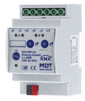 MDT AKD-0201.02 Attuatore dimmer KNX 2 volte, 4TE, REG, 250W, 230VAC - AKD-0201.02