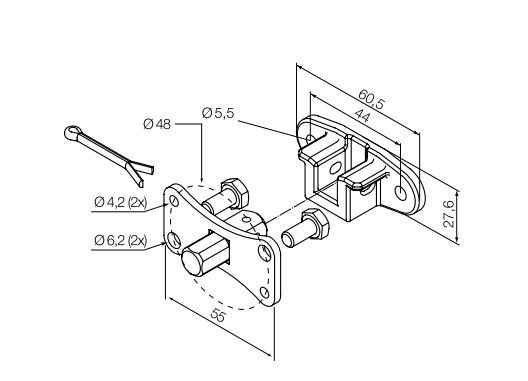 NICE 692.44.00 10 mm square pin + bracket, with holes 44 mm apart