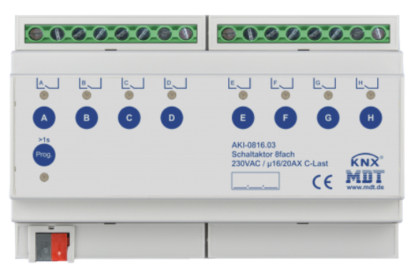 MDT AKI-0816.03 AKI-0816.03: Attuatore di commutazione 8 canali, 16/20 A, 230 V CA, carico C