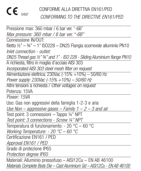 TECNOCONTROL AVD32FO-6B NC automatic gas solenoid valve - Size DN32 - Pmax 6 bar - Power supply 230Vac - Quick opening