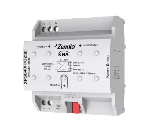 ZENNIO ZPS-640HIC230 ZPS-640HIC230 - KNX power supply 640 mA plus 29 VDC ancillary power supply. Vin: 230 VAC