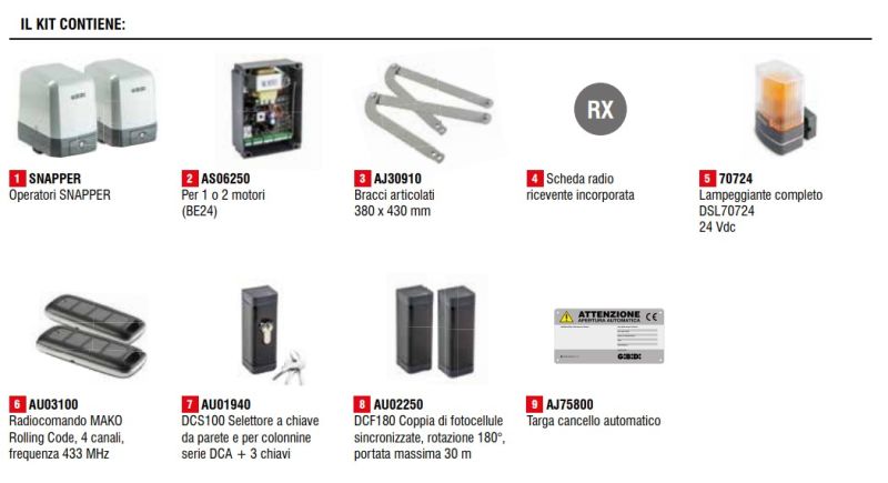 K454/BFSLT Kit Automazione Per Cancelli A Battente Gibidi Kit Snapper