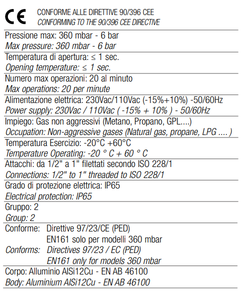 TECNOCONTROL AV015 Automatic gas solenoid valve - Quick opening - Size 1/2 inch - Pmax 200 mbar - Power supply 230Vac