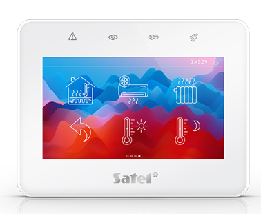 SATEL INT-TSG2 4.3'' capacitive touch keyboard. 480x272 display with 16 million colors. 24 pages and 64 customizable scenarios