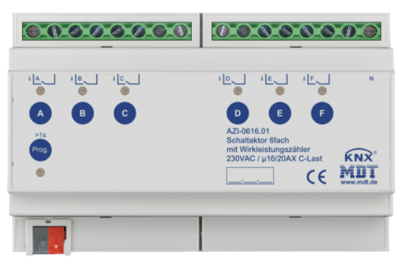 MDT AZI-0616.01 AZI-0616.01: Attuatore di commutazione 6 canali, 16/20 A, 230 V CA, carico C