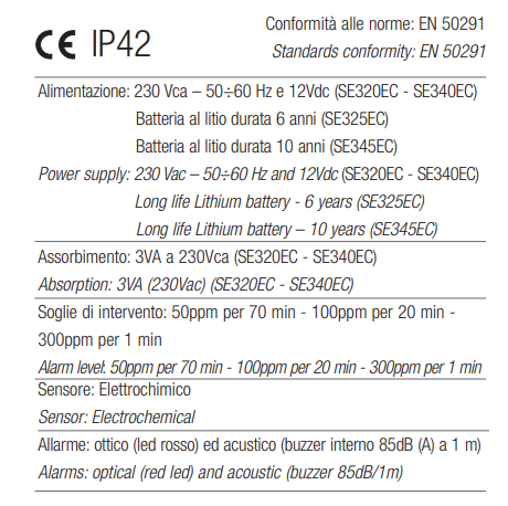 TECNOCONTROL SE345EC Rivelatore gas domestico per CO-sensore elettrochimico - batteria-IMQ - Vita 10 anni