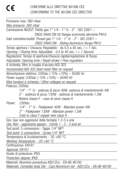 TECNOCONTROL AVD25SO Elettrovalvola gas automatica NC - Dimensione DN25 - Pmax 360 mbar-Alimentazione 230Vac - Apertura lenta
