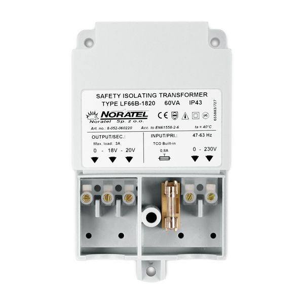 SATEL TR 60 VA 230 V/20 V AC transformer. 60 VA. IP43. Short circuit protection (SCP)