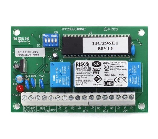 RISCO RP296E04000A Programmable 4-Relay Output Expansion Module (12V, 3A).