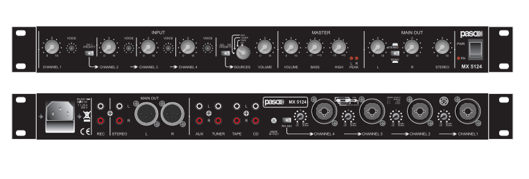 PASO MX5124 Mixer 4 ingressi MIC/LINE, 4 Ingressi LINE stereo e 4 uscite