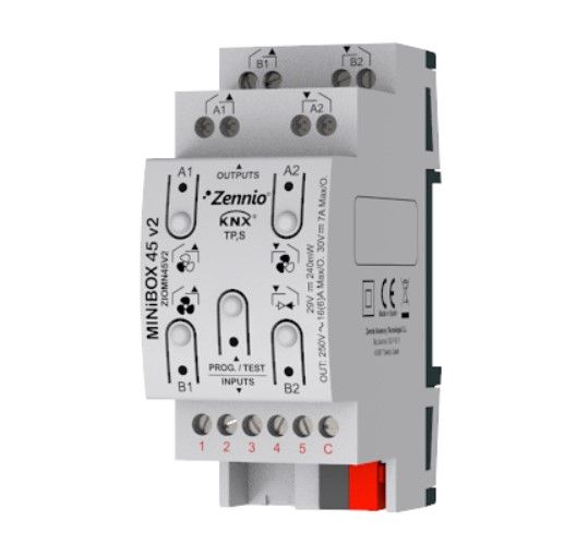 ZENNIO ZIOMN45V2 MINiBOX 45 v2 - Attuatore multifunzione con 4 uscite (16 A) e 5 ingressi analogico-digitali