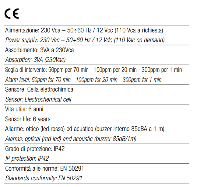 TECNOCONTROL SE320EC Rivelatore gas domestico per CO-rele'-sensore elettrochimico - 230V. IMQ - Vita 6 anni