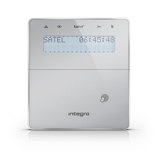 SATEL INT-KWRL2-SSW Wireless LCD keypad with proximity reader and door (ABAX 2, white backlight, silver front, silver frame, white background)