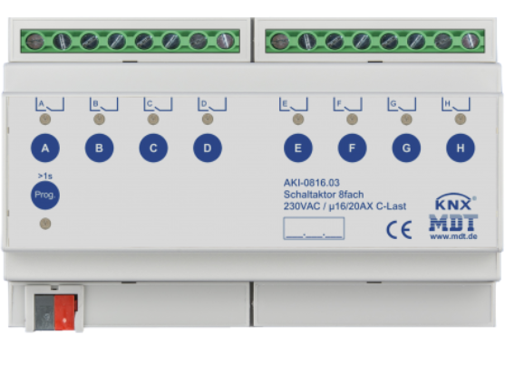 MDT AMI-0816.03 AKI-0816.03: Attuatore di commutazione 8 canali, 16/20 A, 230 V CA, carico C