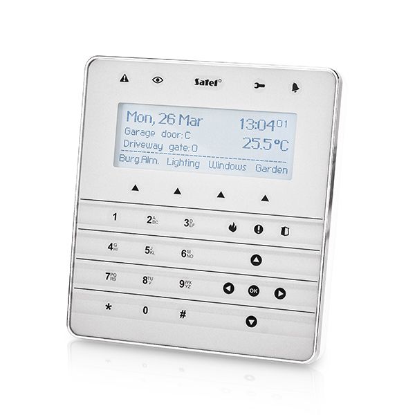 SATEL INT-KSG-SSW Touch sense keyboard with configurable LCD display (white backlight, silver front, silver frame, white background)
