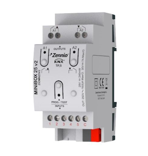 ZENNIO ZIOMN25V2 MINiBOX 25 v2 - Multifunction actuator with 2 outputs (16 A) and 5 analog-digital inputs