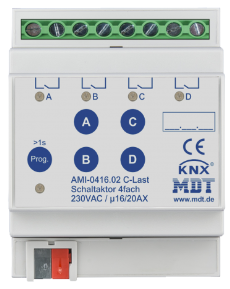 MDT AMI-0416.02 AMI-0416.02: Attuatore di commutazione 4 canali, 16/20 A, 230 V CA, carico C