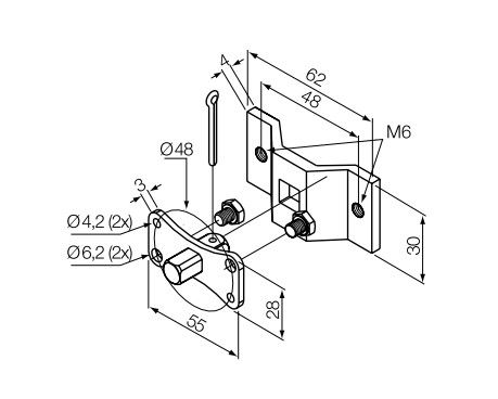 NICE 525.10017/M6 10 mm square pin + bracket, with M6 holes
