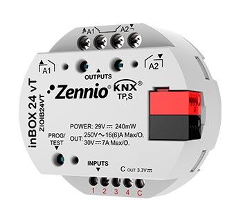 ZENNIO ZIOIB24VT inBOX 24 vT - Attuatore multifunzione da incasso con 2 uscite (16 A C-Load) e 4 ingressi analogico-digitali