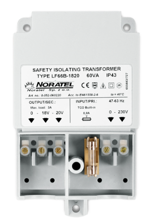 SATEL TR 60VA Transformer 230 V/20V and 18V AC, 60 VA. IP43. Short circuit protection (SCP), overload (OLP), transformer overheating (OHP)