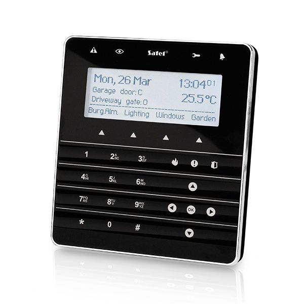 SATEL INT-KSG-BSB Tastiera touch sense con display LCD configurabile (retroilluminazione bianca, frontale nero, frame argento, fondo nero)