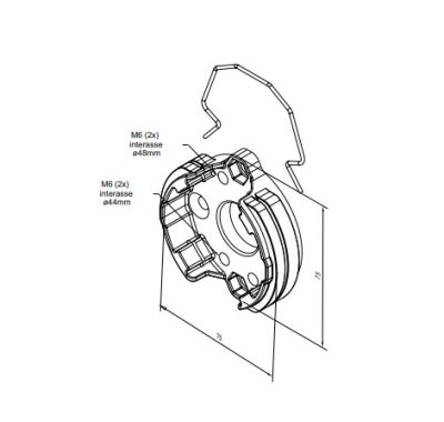 NICE 703.15.00 Compact aluminum support with spring and 2 M6 holes with a 44mm diameter center distance, 2 M6a holes with a 48mm diameter center distance, 2 hexagonal seats for M6 nuts