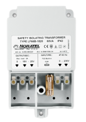 SATEL TR 60VA Transformer 230 V/20V and 18V AC, 60 VA. IP43. Short circuit protection (SCP), overload (OLP), transformer overheating (OHP)
