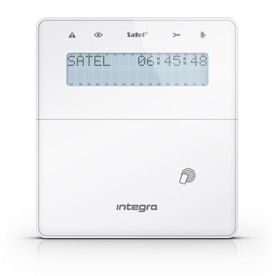 SATEL INT-KLFR-W LCD keypad with proximity reader and door. White color. Also available in black (INT-KLFR-B)