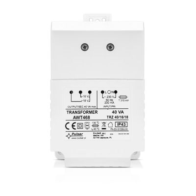 SATEL TR 40 VA 230 V/18 V AC transformer. 40 VA. IP43. Short circuit protection (SCP)
